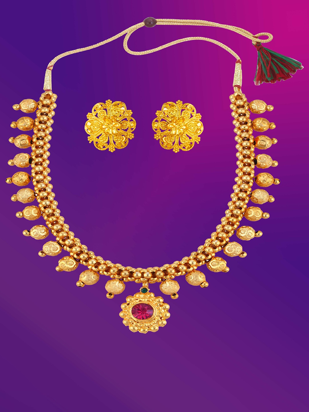 

Lila Gold Plated Stone Studded & Beadded Antique Jewellery Set