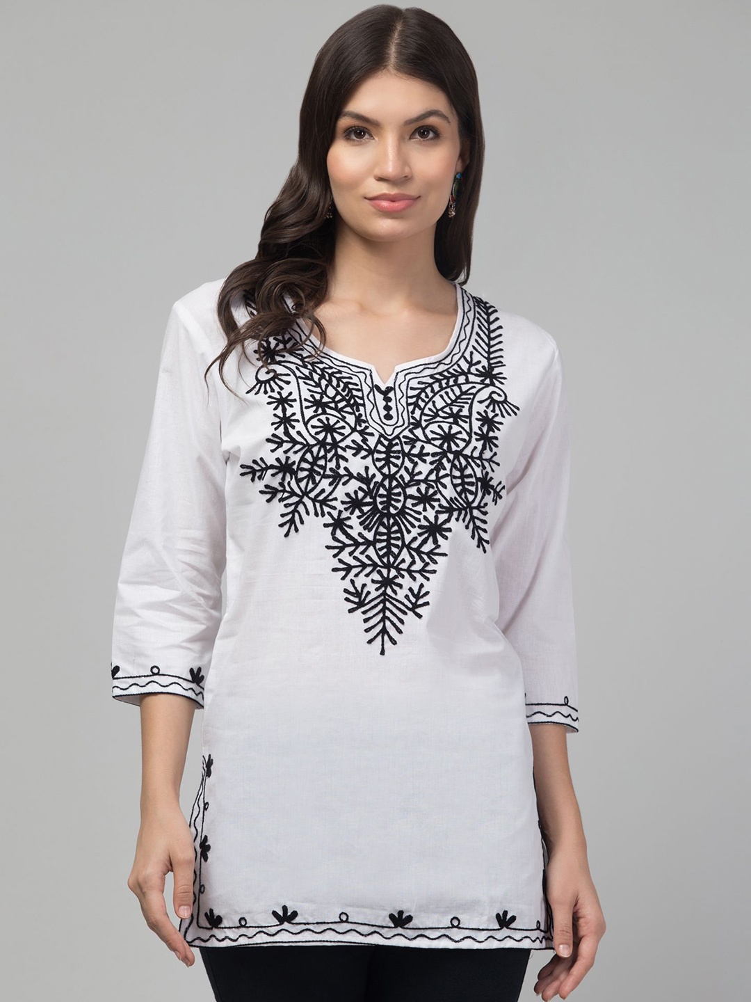 

FAMBEE Women Embroidered Aari Work Pure Cotton Kurti, White