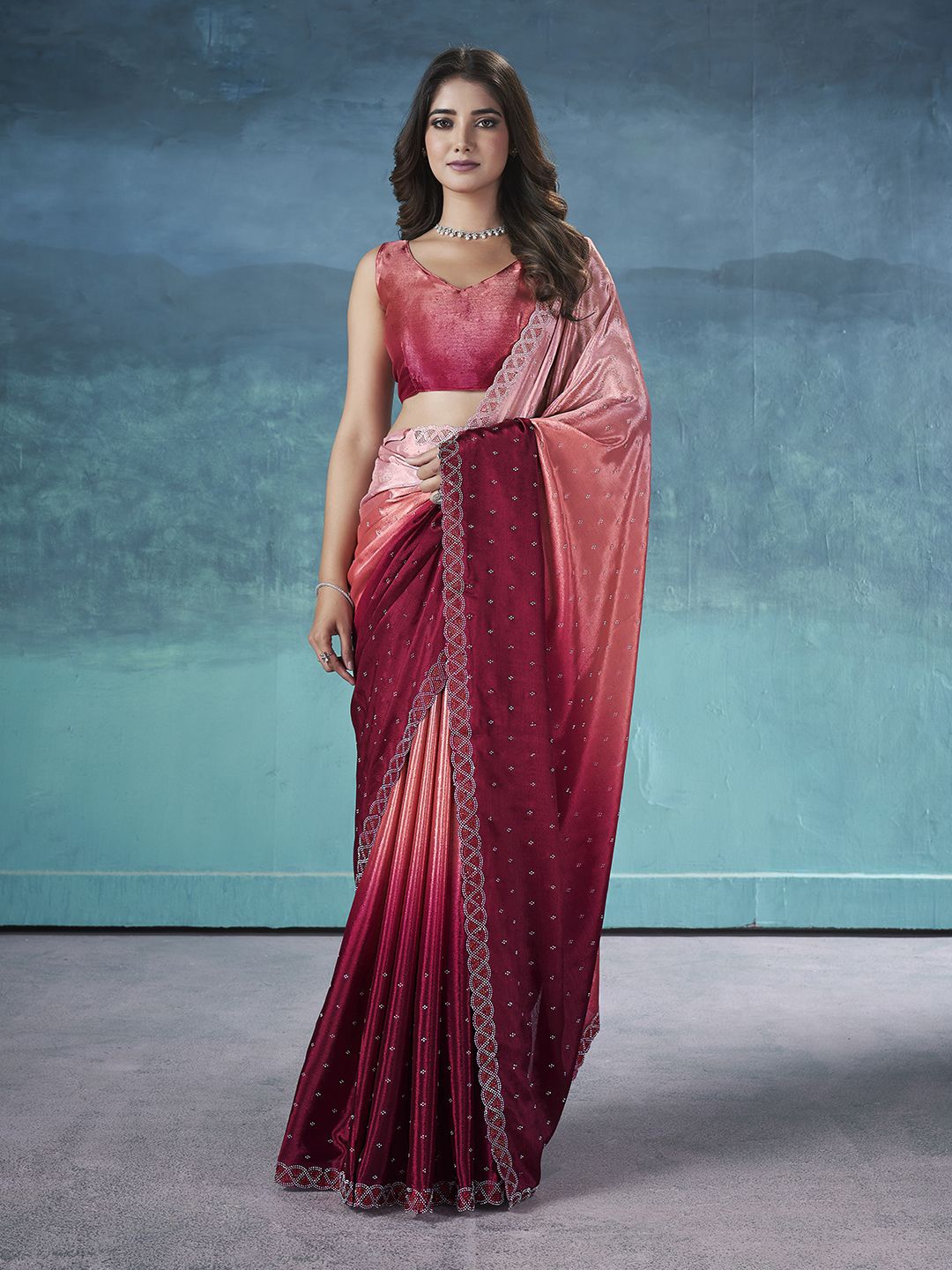 

Ethnielle Beads and Stones Saree with Blouse Piece, Maroon