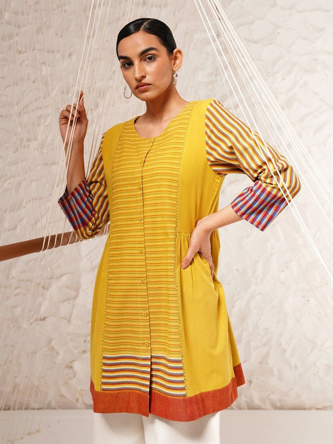 

JAYPORE Women Cotton Striped Tunic, Mustard