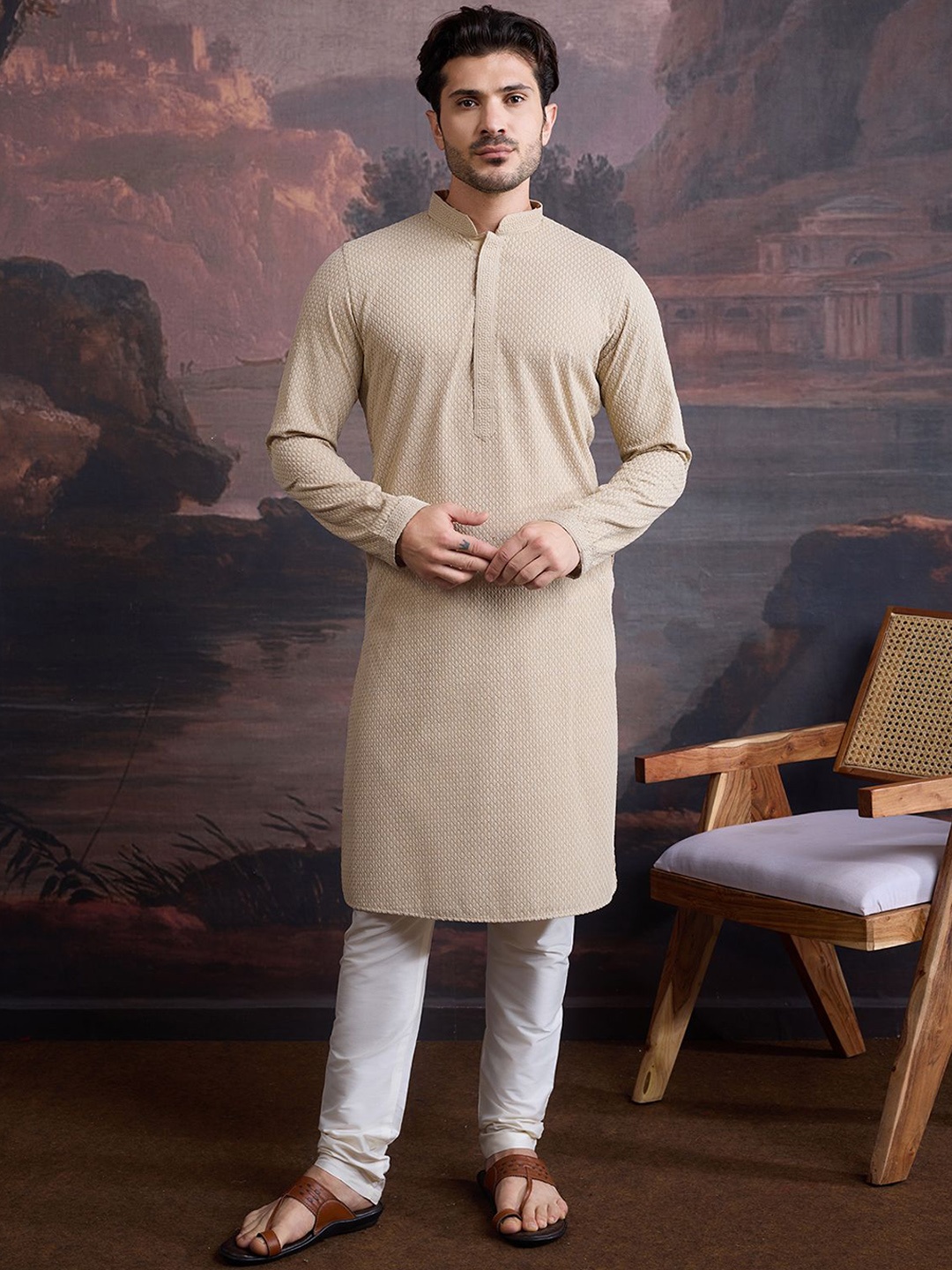 

House of Pataudi Geometric Embroidered Mandarin Collar Kurta With Churidar, Beige