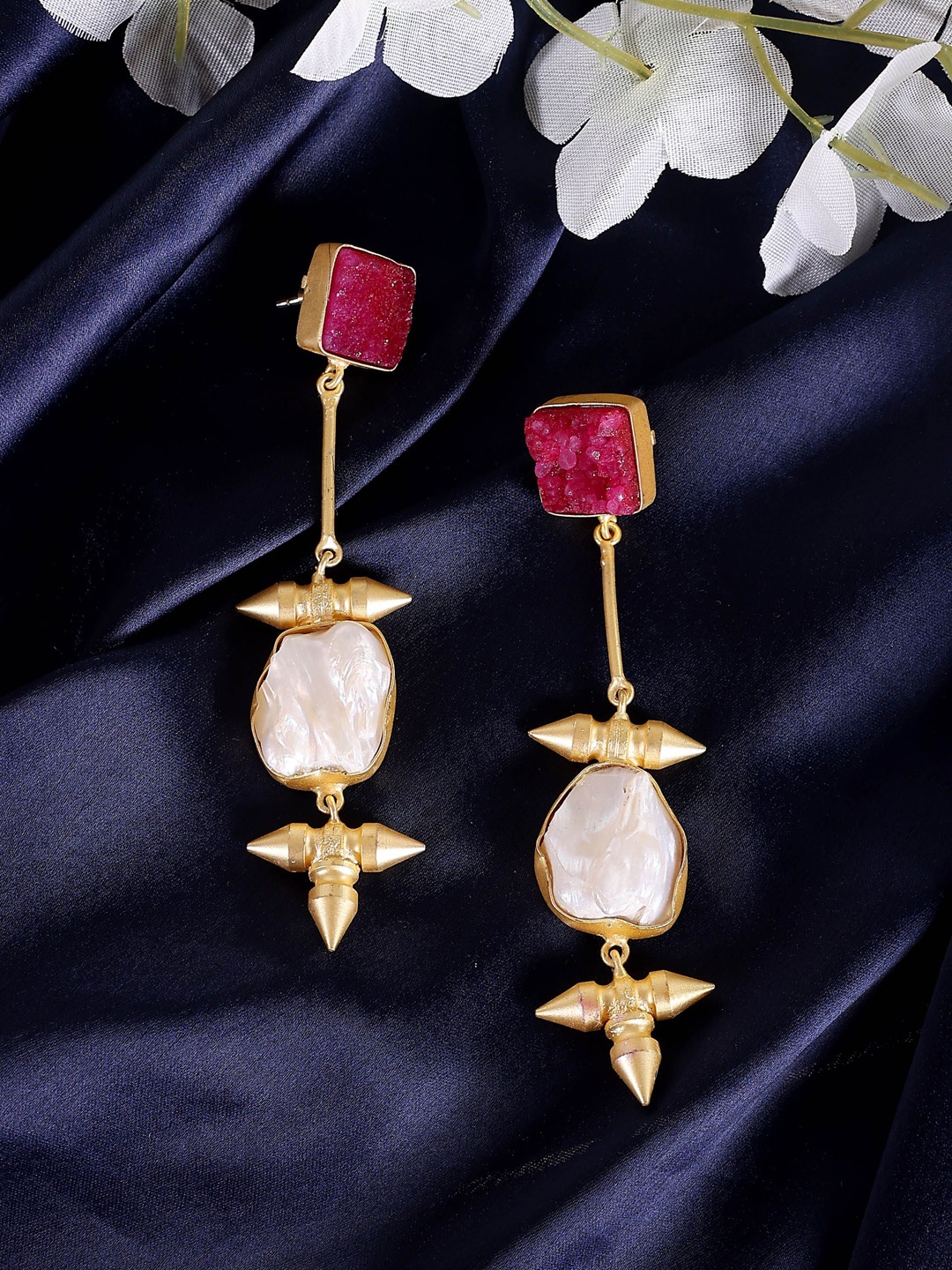 

ROYAL PITARAH Gold-Plated Contemporary Drop Earrings, Maroon