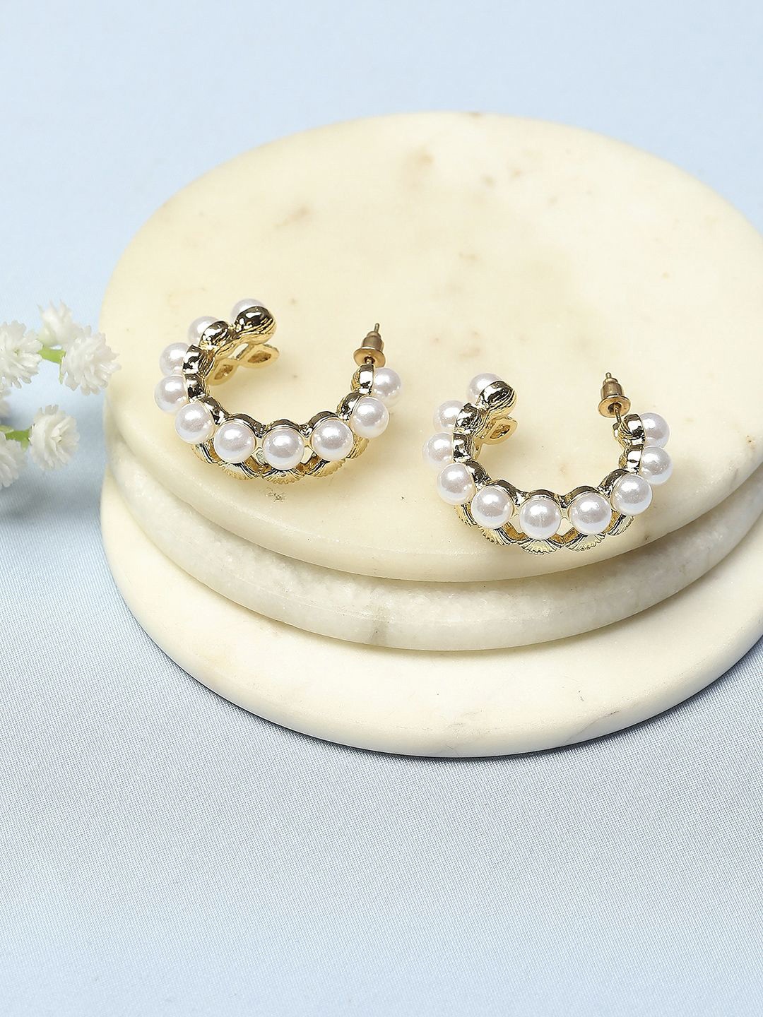 

Biba Gold-Plated Stone Studded & Beaded Contemporary Hoop Earrings