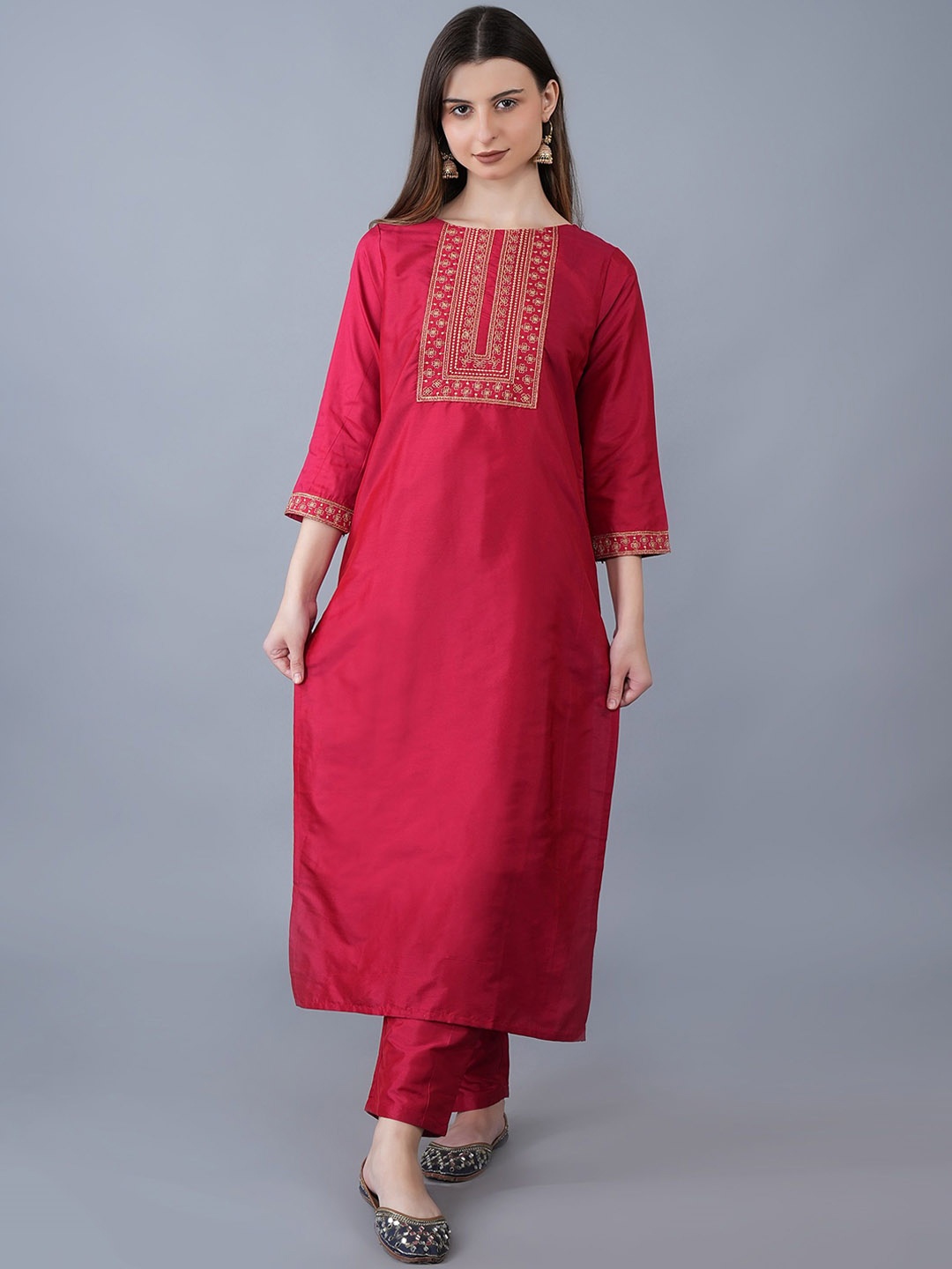 

KALINI Ethnic Motifs Embroidered Yoke Design Zari Straight Kurta With Trousers, Red