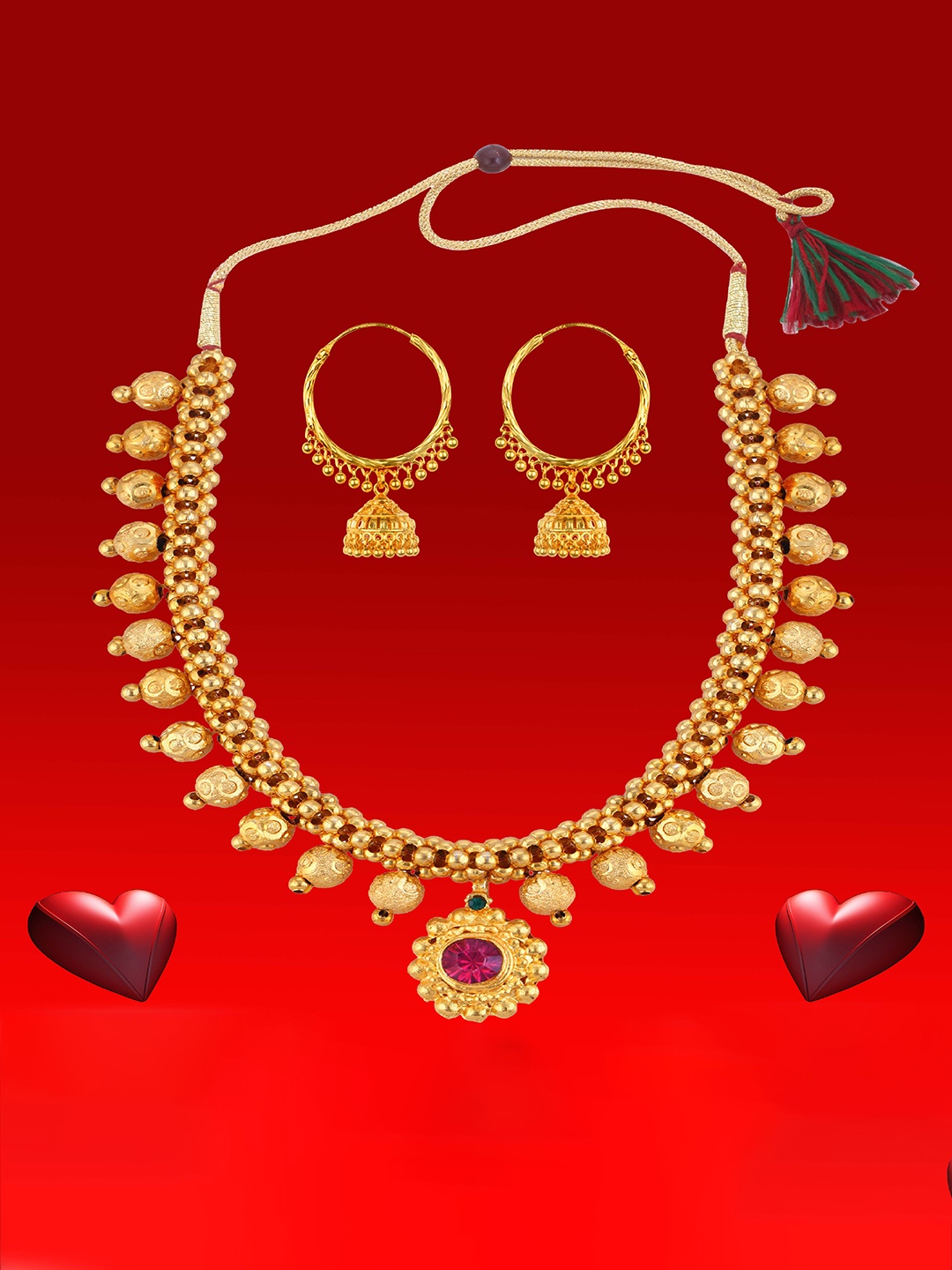 

Heer Collection Gold Plated Artificial Stones Studded Thushi Choker Necklace With Earrings