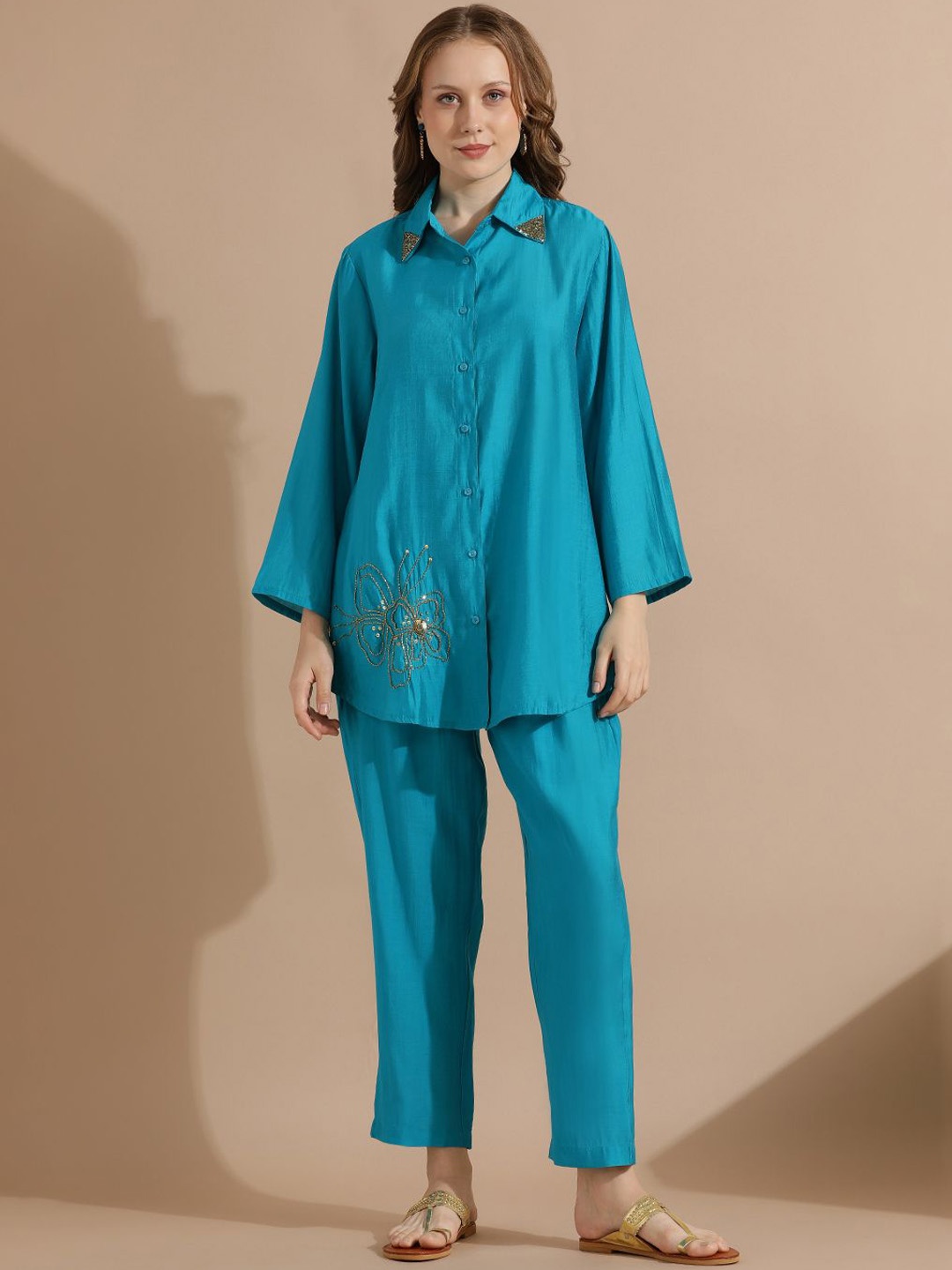 

STYLEBAAZI Embroidered Long Sleeves Shirt & Trousers Co-Ords, Blue