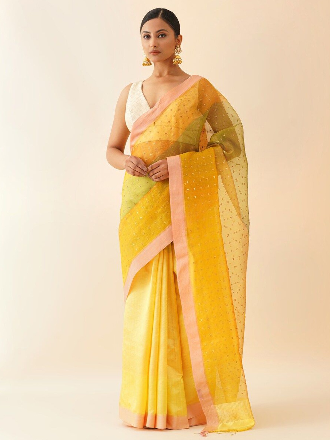 

JAYPORE Woven Design Printed Pure Silk Saree, Yellow