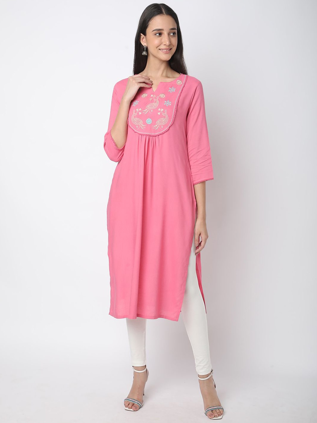 

R&B Ethnic Motifs Embroidered Thread Work Straight Kurta, Pink