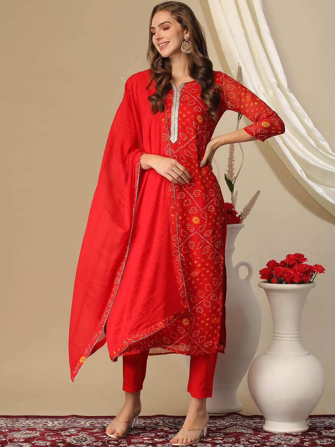 

Anni Designer Bandhani Printed Gotta Patti Regular Straight Kurta with Trousers & Dupatta, Red