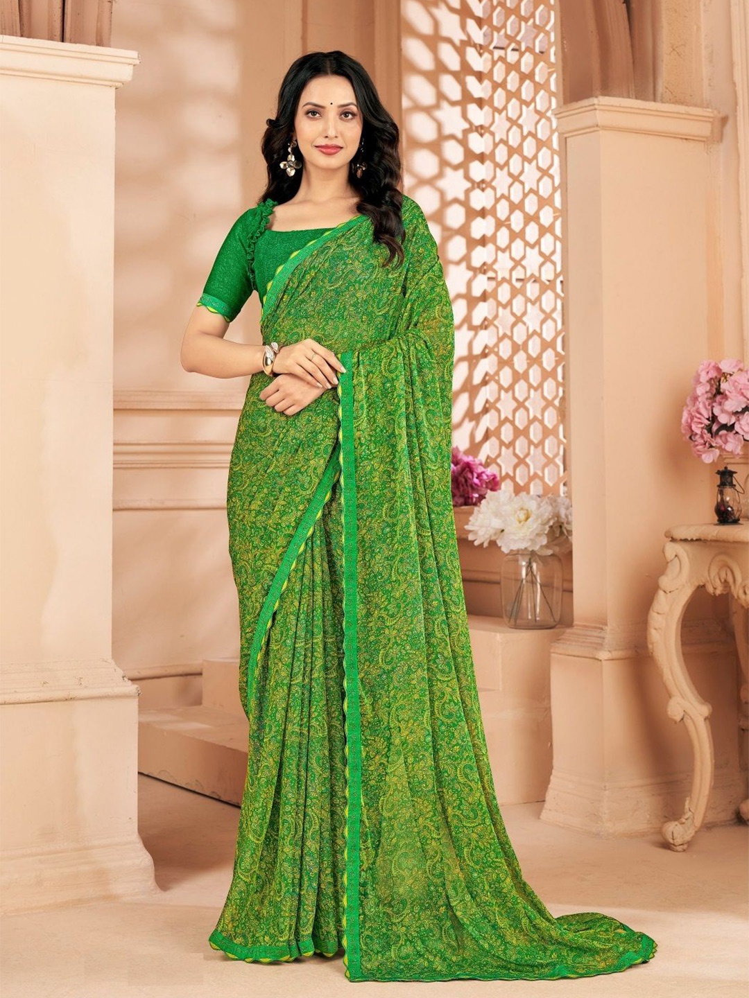 

Reboot Fashions Paisley Pure Chiffon Saree, Green