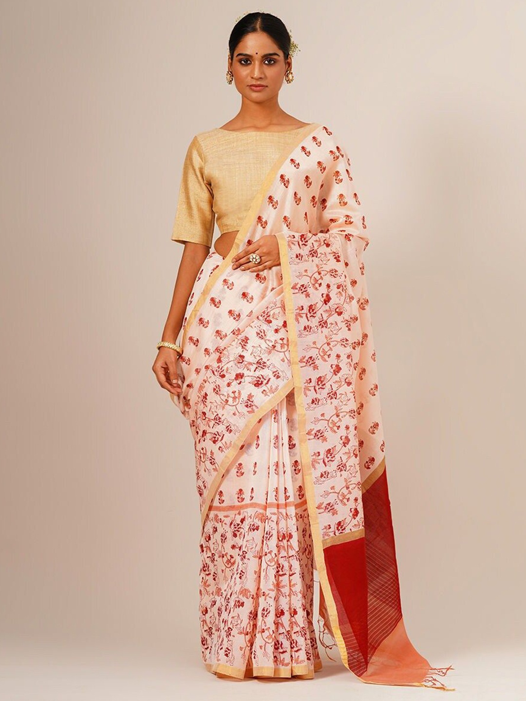 

JAYPORE Floral Zari Block Print Saree, Pink