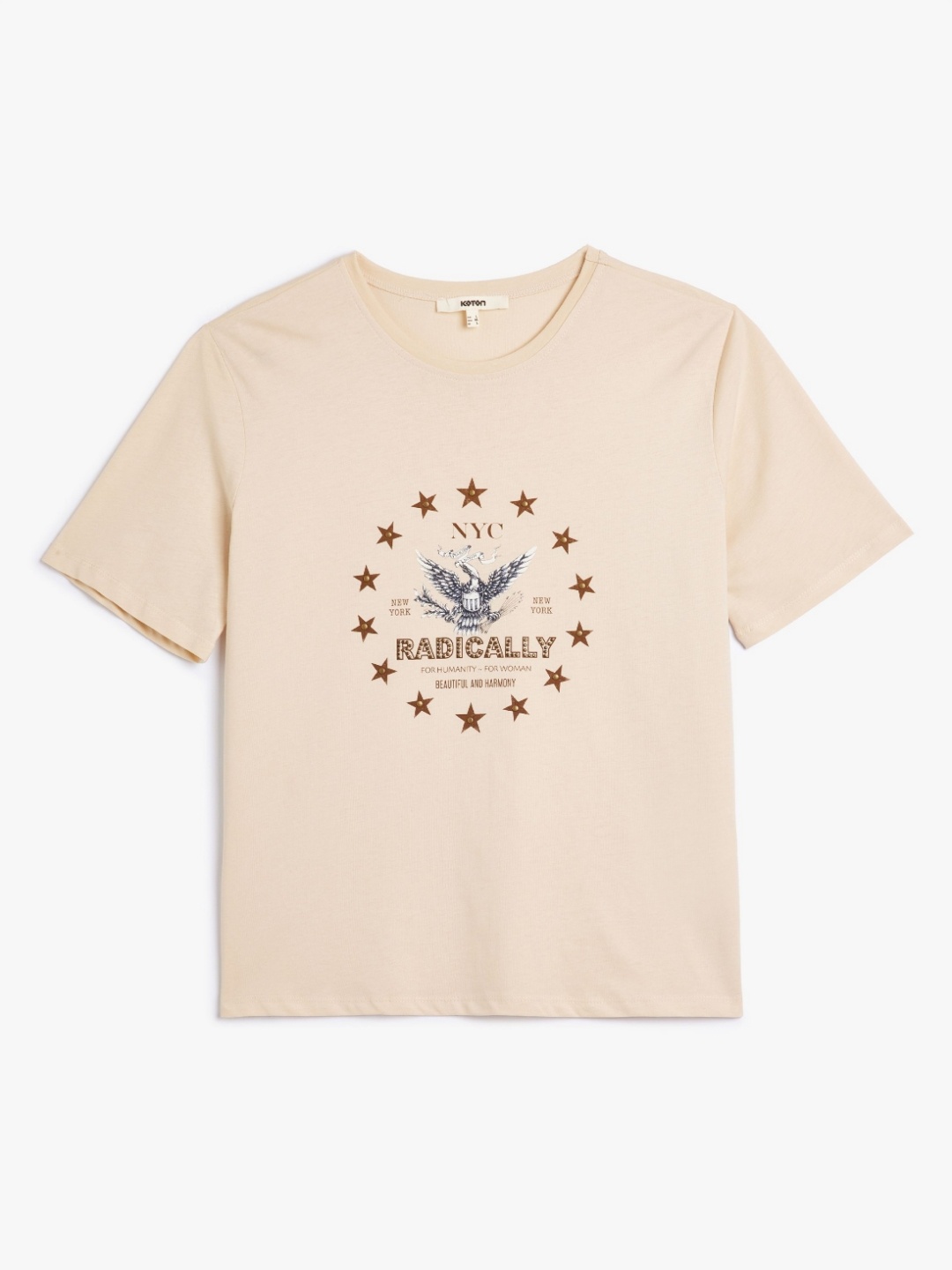 

Koton Women Typography Printed V-Neck Raw Edge T-shirt, Beige
