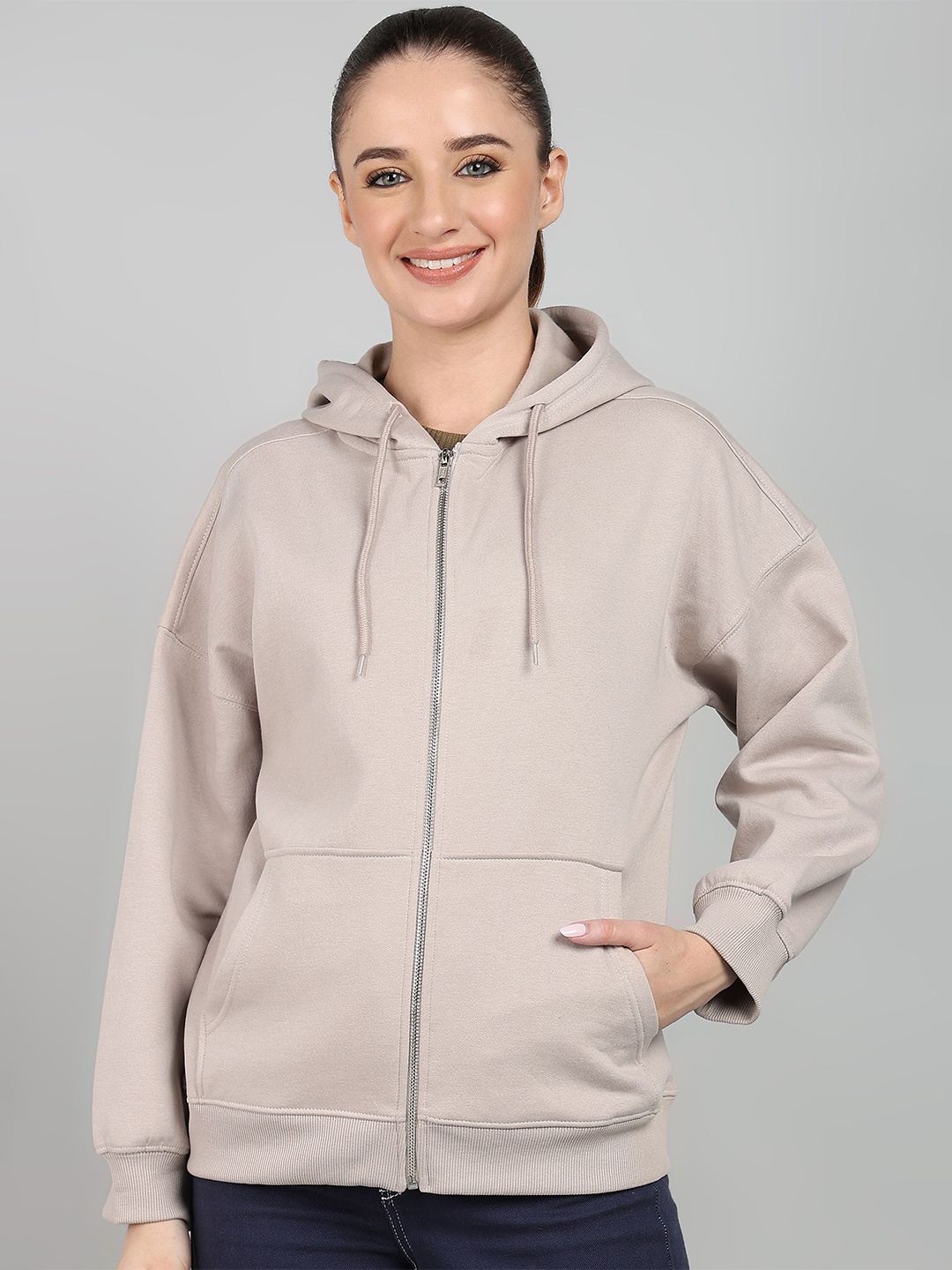 

Alan Jones Women Solid Hooded Sweatshirt, Beige