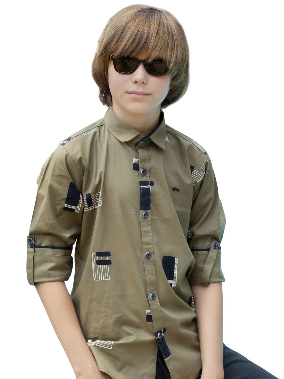 

MashUp Boys Classic Spread Collar Abstract Printed Cotton Casual Shirt, Olive