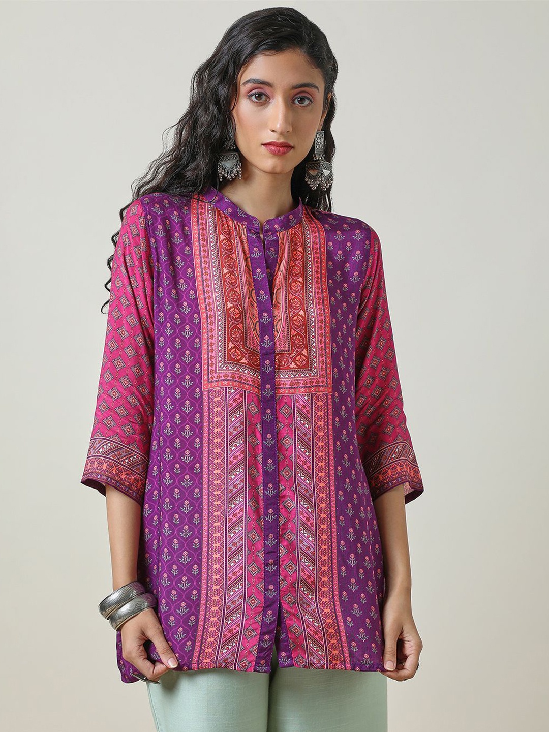 

Soch Women Ethnic Printed Mandarin Collar Tunic, Purple