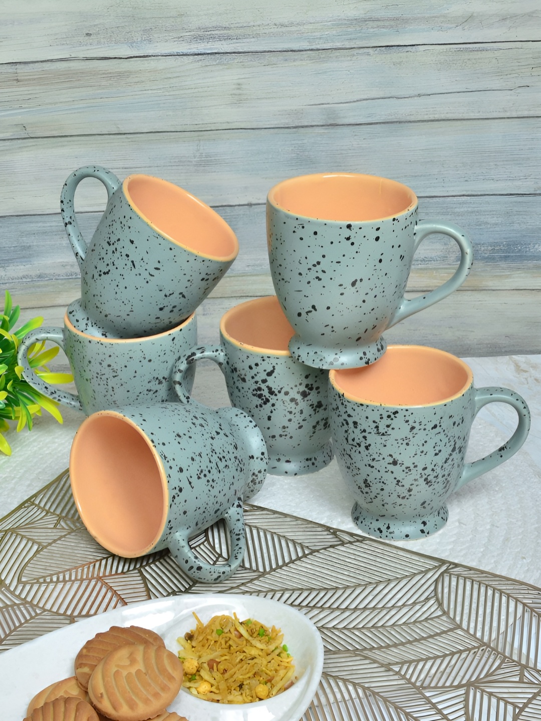 

FABINALIV Turquoise Blue & Peach-Coloured 6 Pieces Printed Ceramic Matte Mugs 280 ml