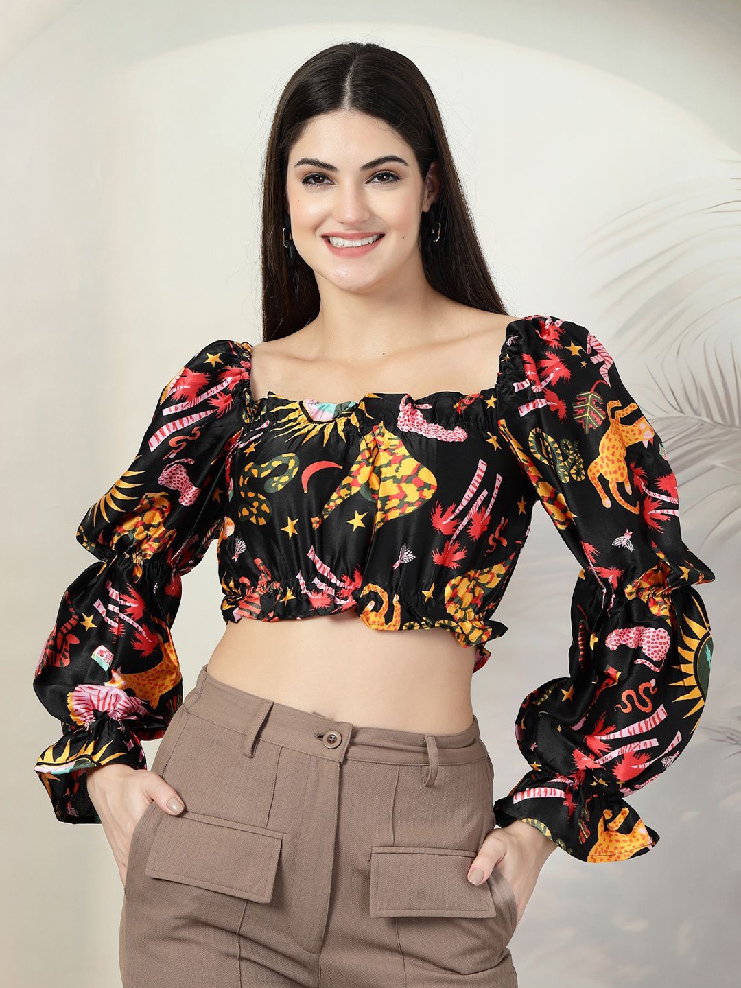 

plusS Women Conversational Printed Square Neck Top, Black