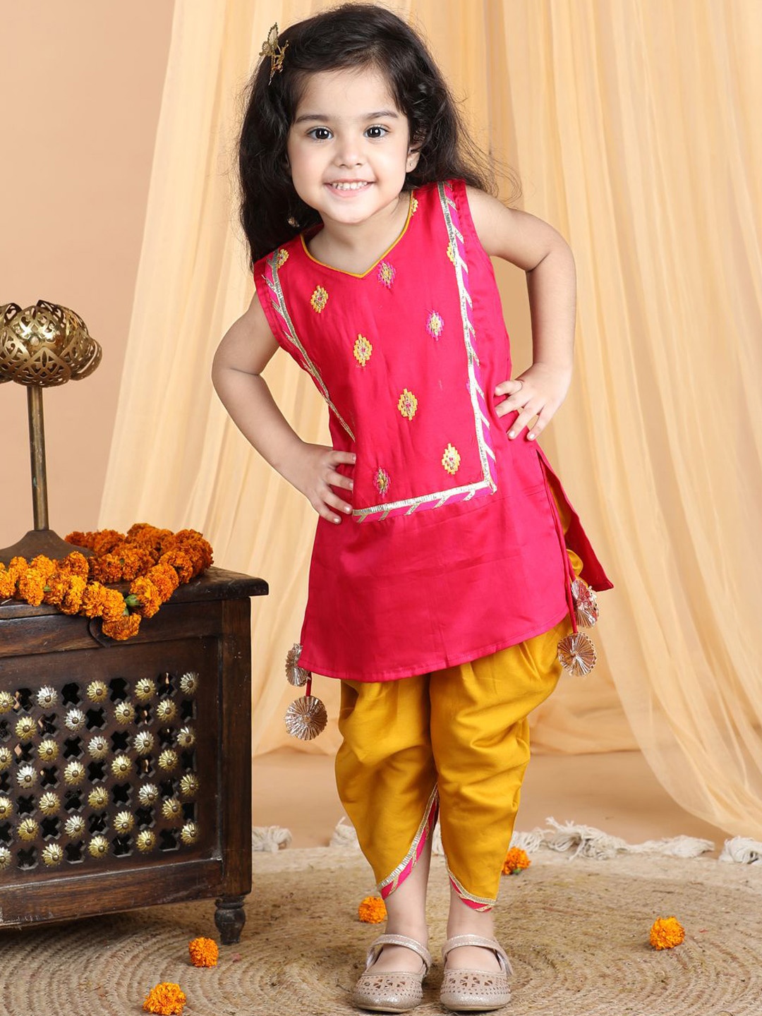 

Here&Now X Kinder Kids Girls Embroidered Thread Work Pure Cotton Kurti with Dhoti Pant, Pink