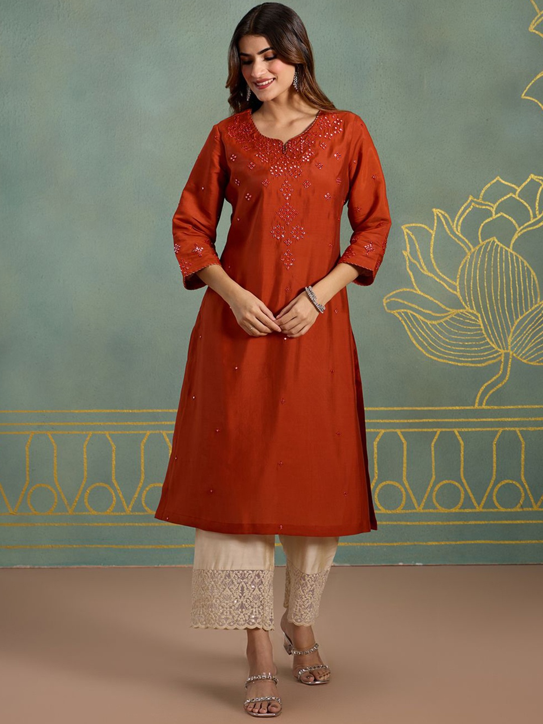 

Likha Geometric Embellished Straight Kurta, Orange