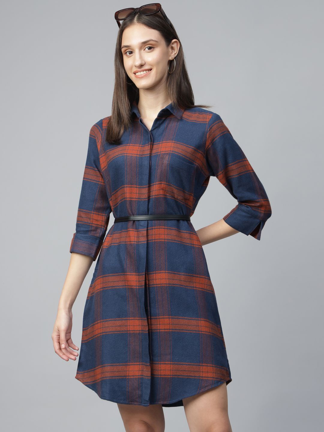 

English Navy Women Checked Pure Cotton Formal Shirt Dress, Red