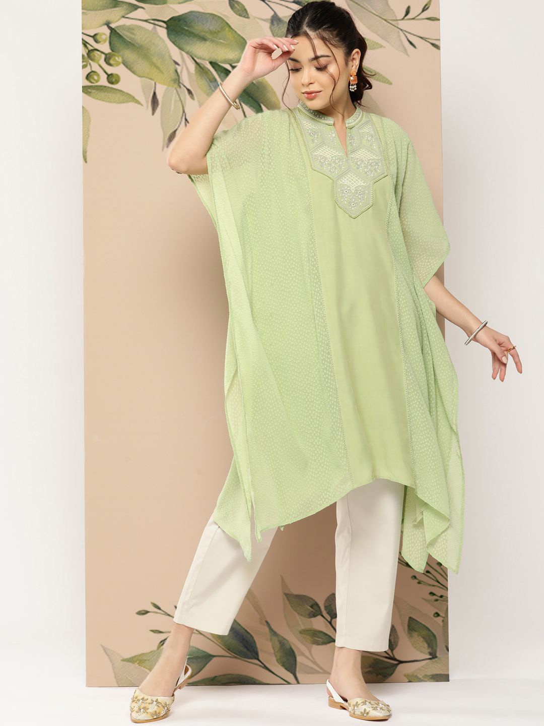 

Nayam By Lakshita Floral Yoke Design Thread Work Mandarin Collar Kaftan Kurta, Green