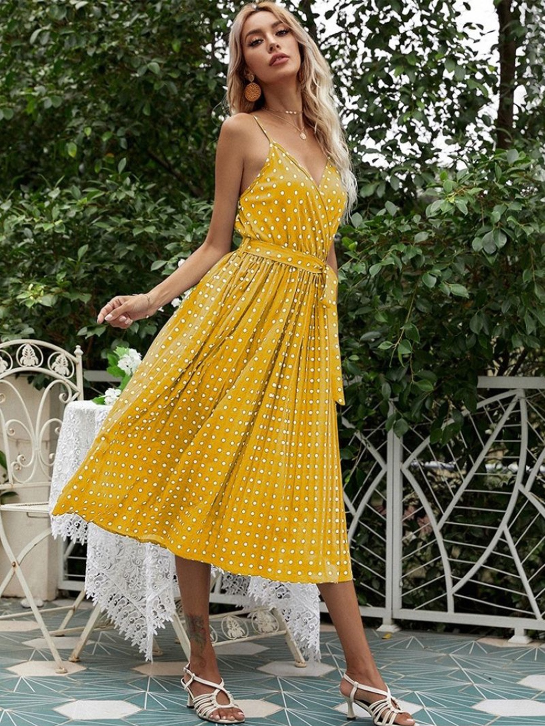 

StyleCast Women Polka Dot Print Empire Mini Dress, Yellow