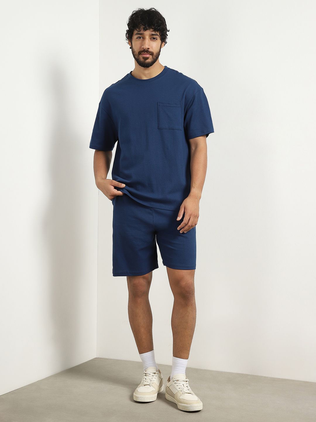 

NOBERO Pure Cotton Oversized T-Shirt With Shorts Co-ord Set, Navy blue