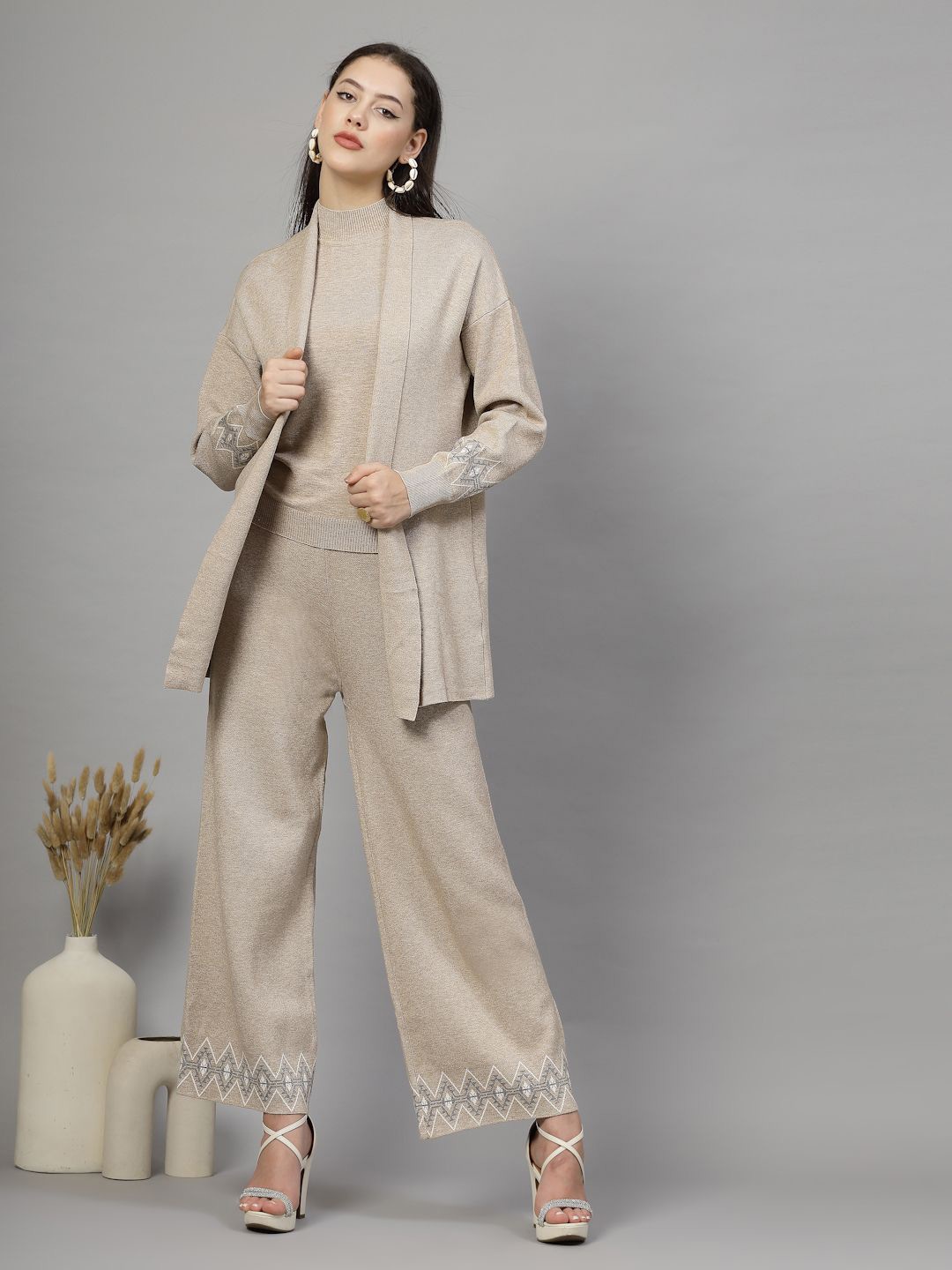 

Mafadeny High Neck Long Sleeve Top & Trouser With Shrug, Pink