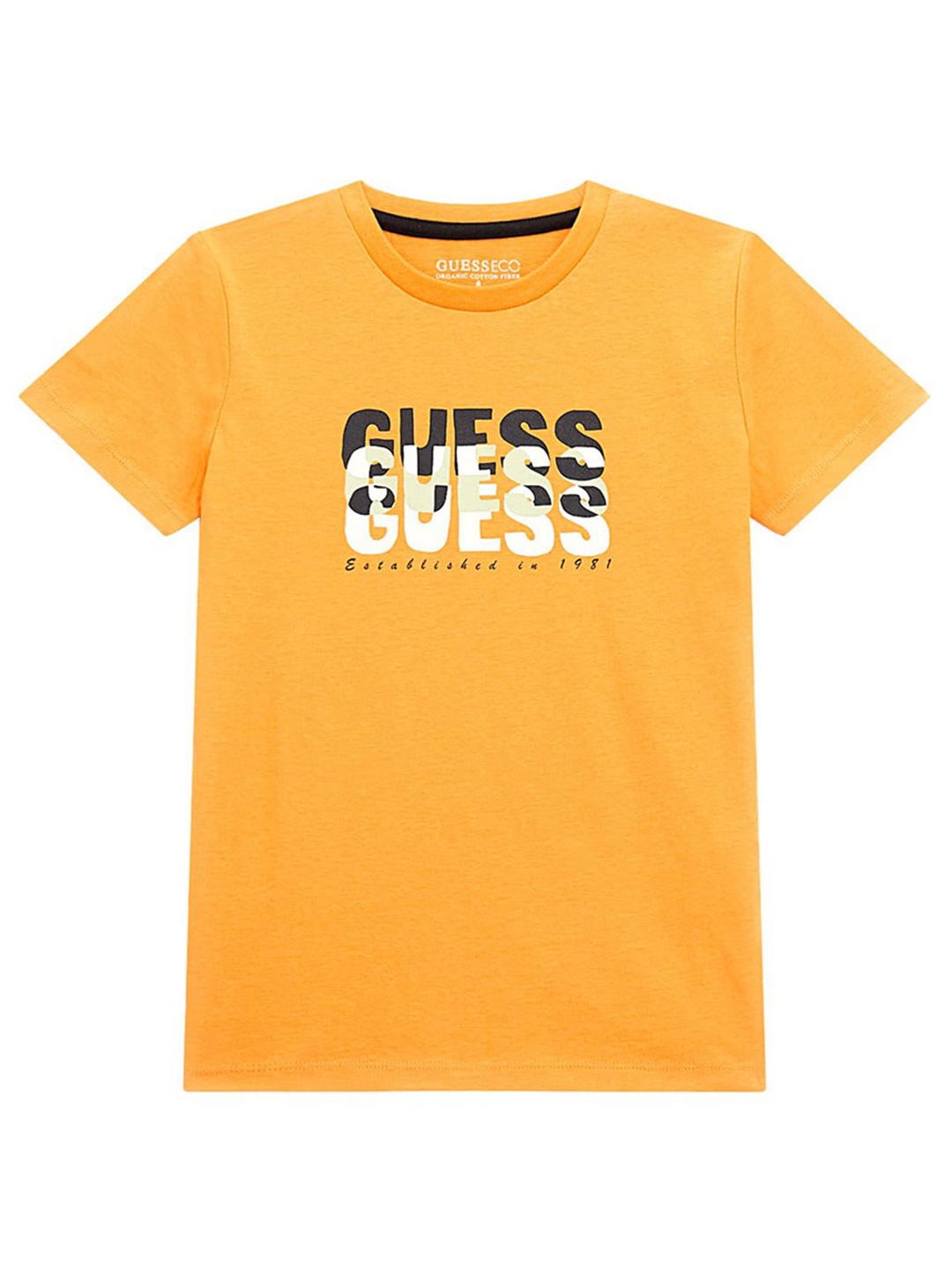 

GUESS kids Boys Typography Printed Round Neck Cotton T-shirt, Orange