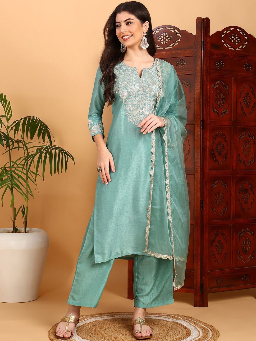 

KALINI Ethnic Motifs Yoke Design Regular Zari Straight Kurta with Trousers & Dupatta, Sea green