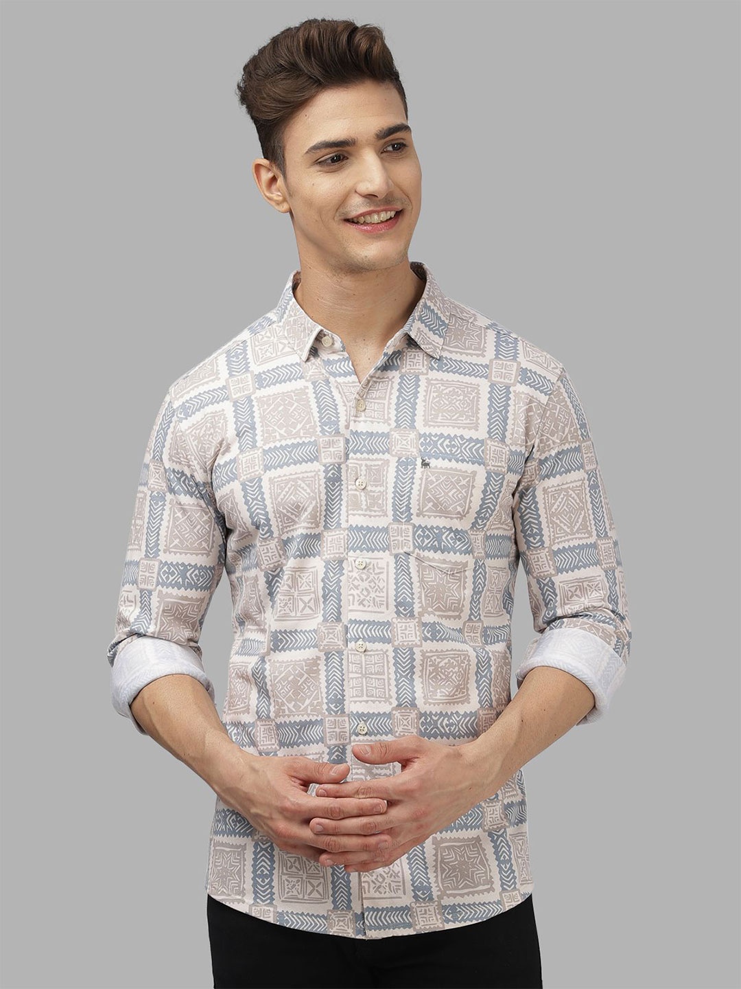 

BULLMER Men Spread Collar Abstract Printed Cotton Casual Shirt, Blue