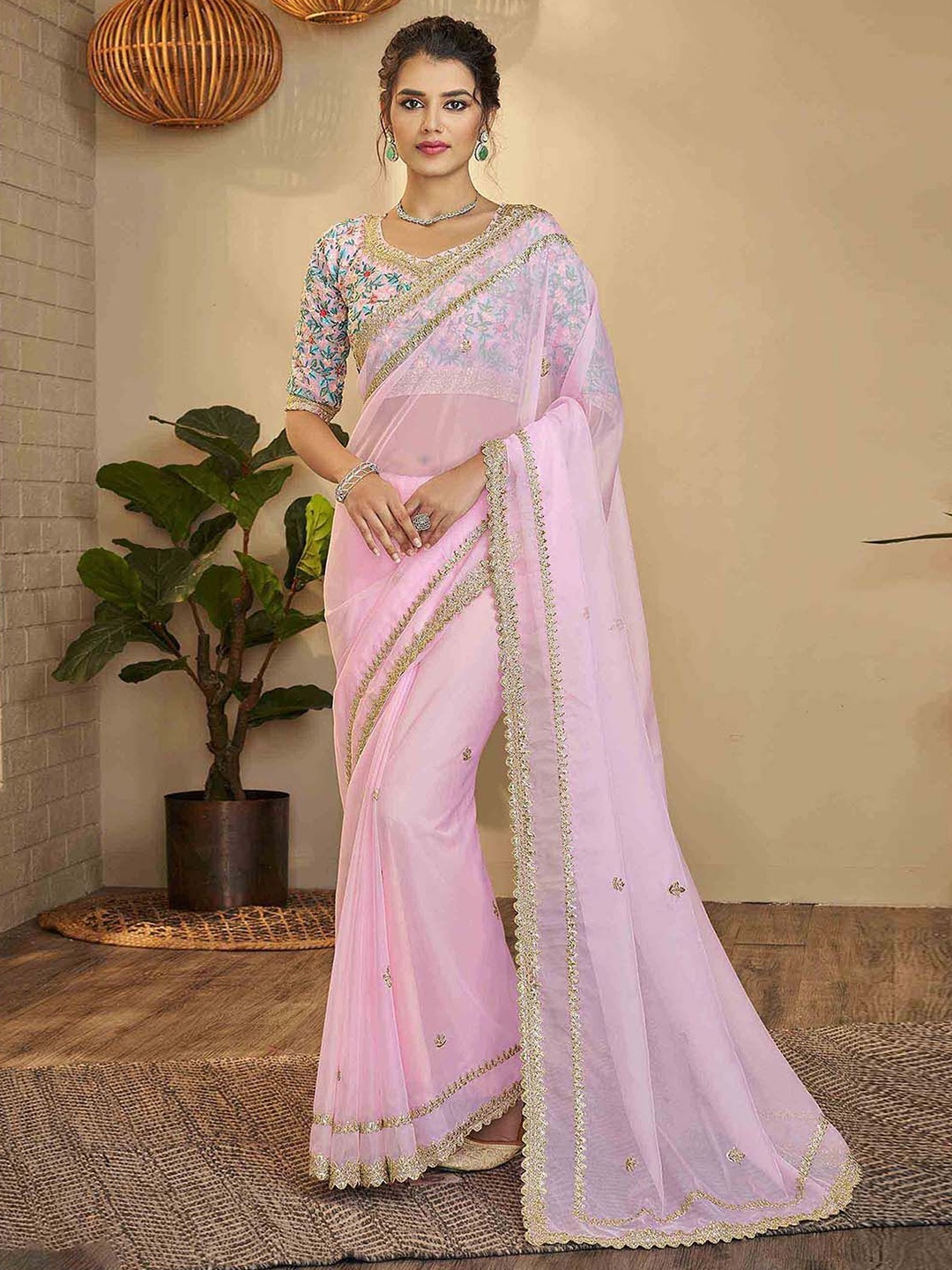 

ODETTE Embroidered Organza Saree, Pink