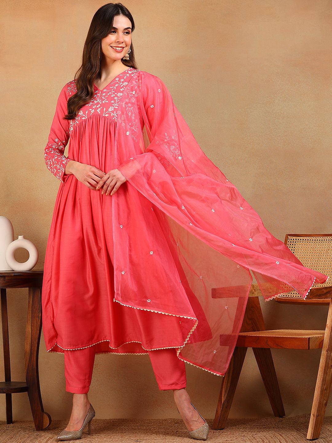 

KALINI Ethnic Motifs Embroidered Empire Thread Work Anarkali Kurta with Trousers & Dupatta, Pink