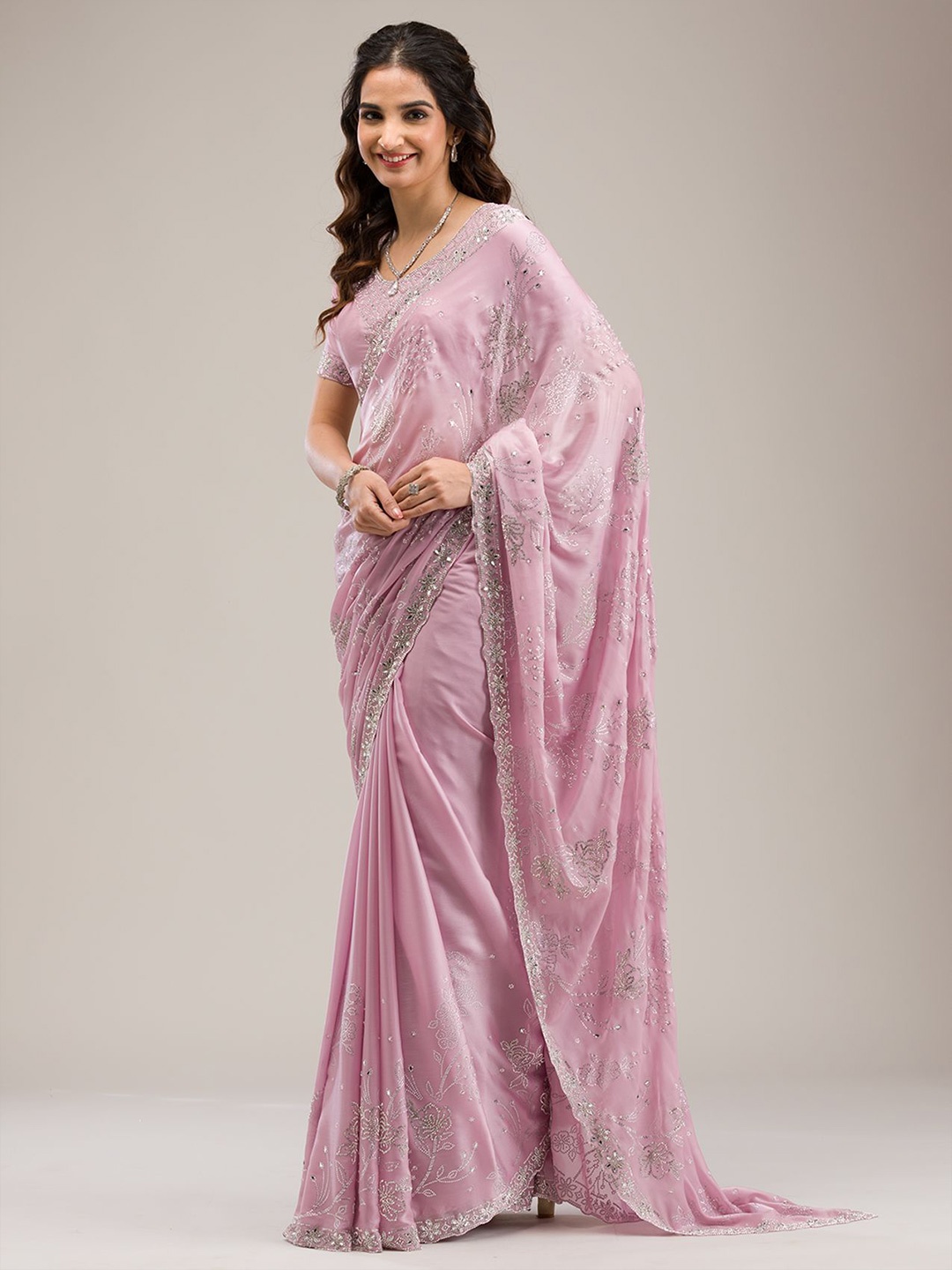 

Koskii Beads and Stones Tissue Saree, Pink