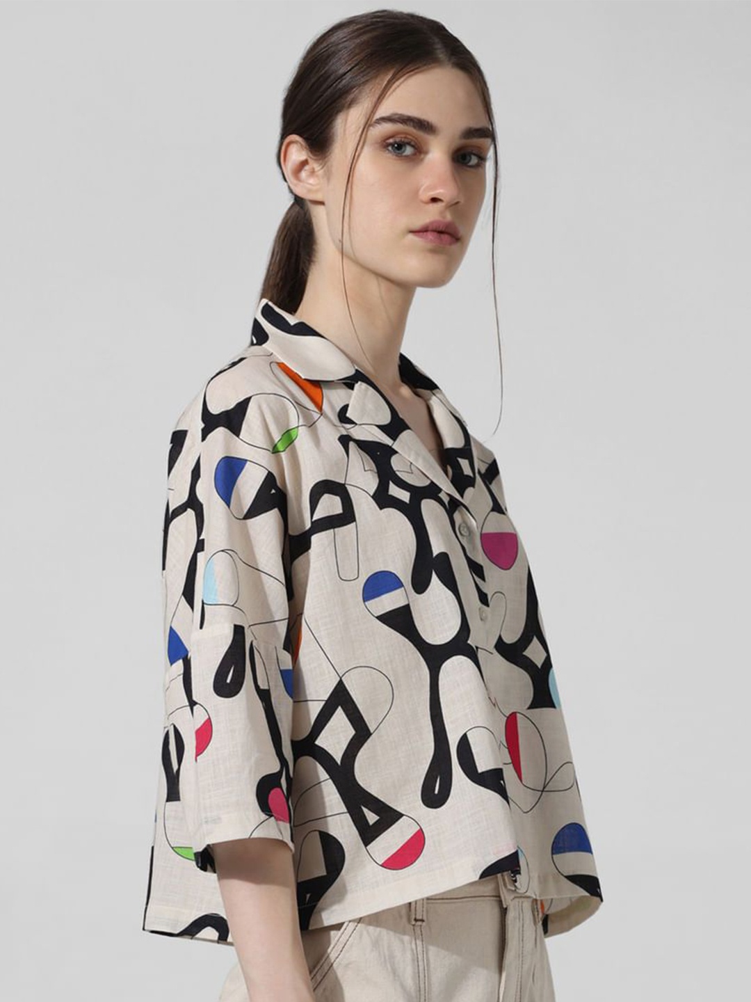 

Rujave Women Comfort Cutaway Collar Abstract Printed Linen Party Shirt, Cream