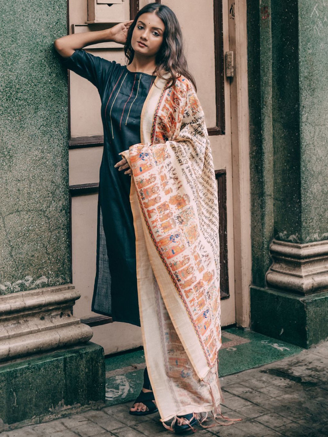 

KALINI Striped Pure Cotton Straight Kurta With Trouser & Dupatta, Green