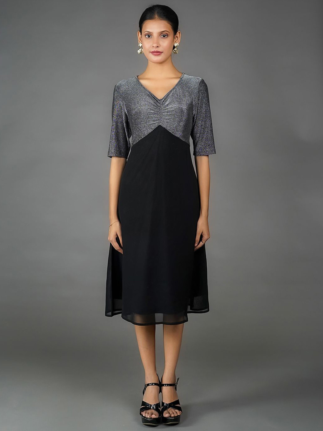 

Zink London Shimmer Embellished Colourblocked A-Line Midi Dress, Silver