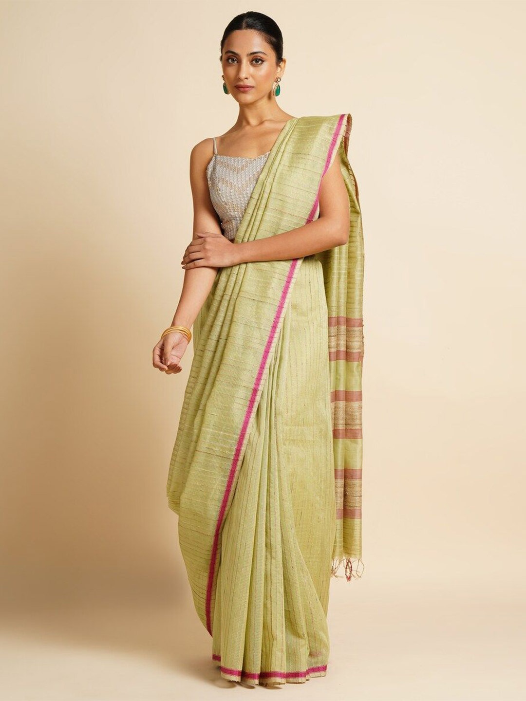 

JAYPORE Woven Design Silk Cotton Maheshwari Saree and Blouse Piece, Green