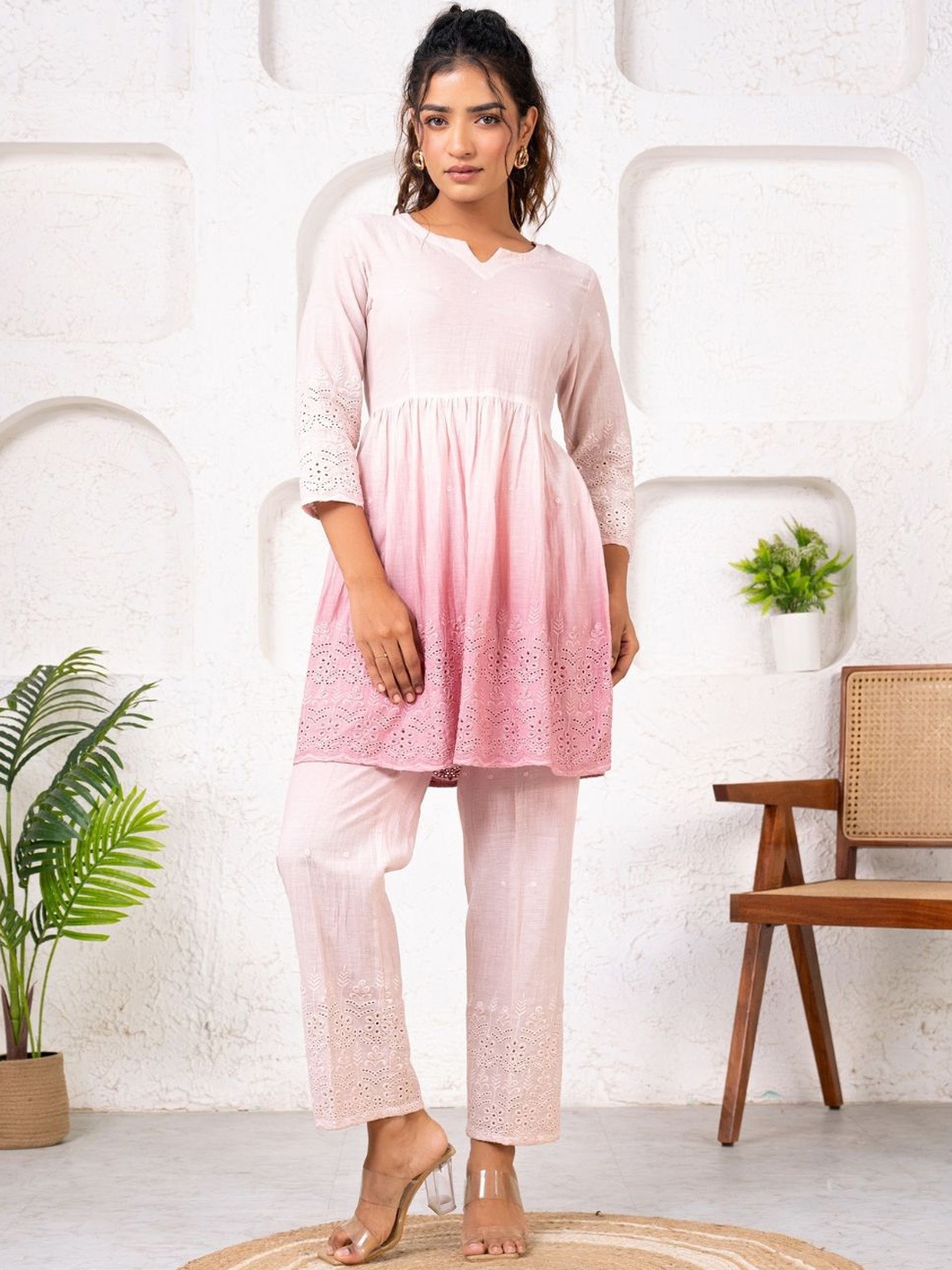 

SAADGEE Embroidered Pure Cotton Tunic & Trousers Co-Ord, Mauve