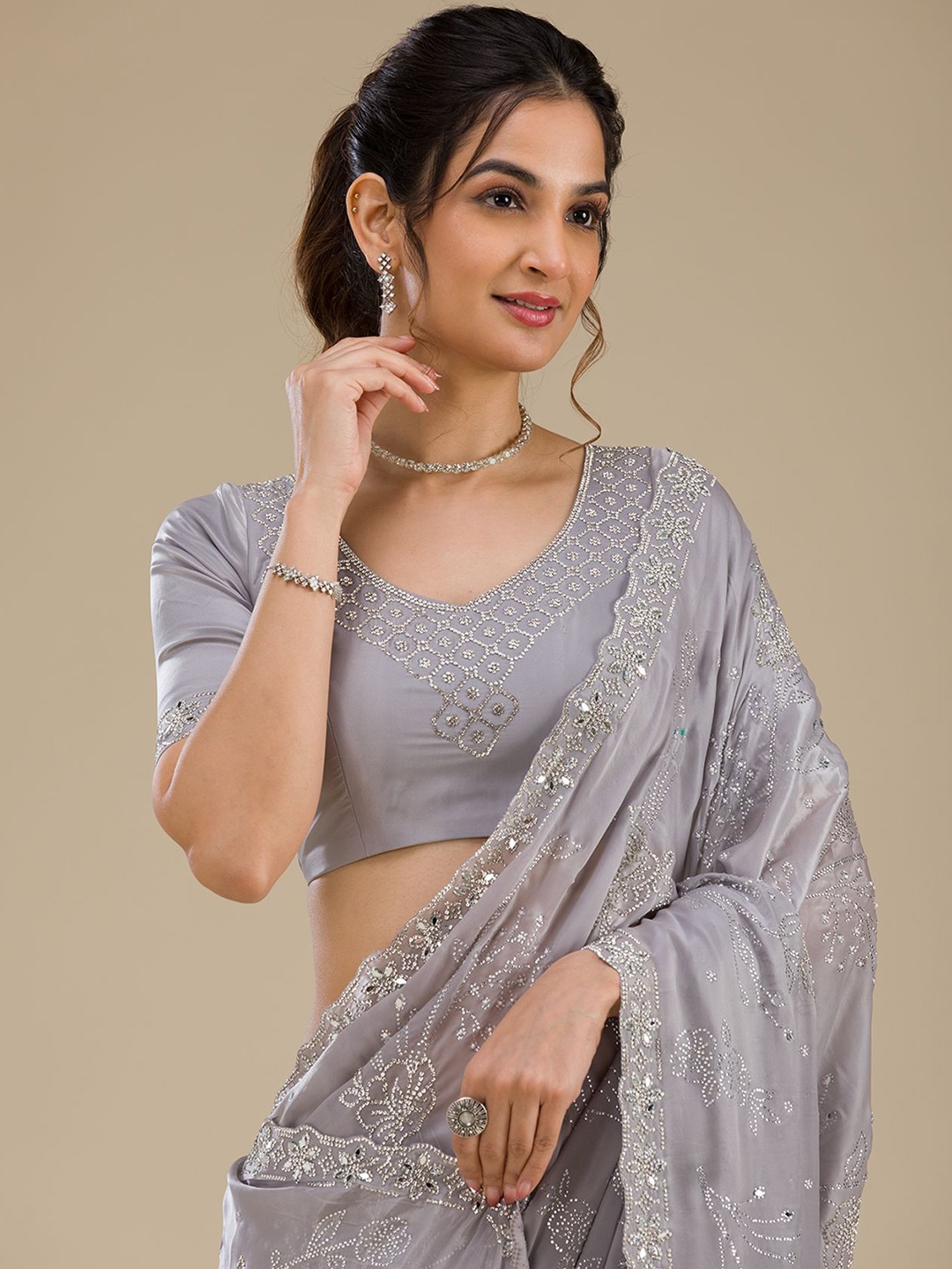 

Koskii Embellished Beads and Stones Satin Saree, Grey