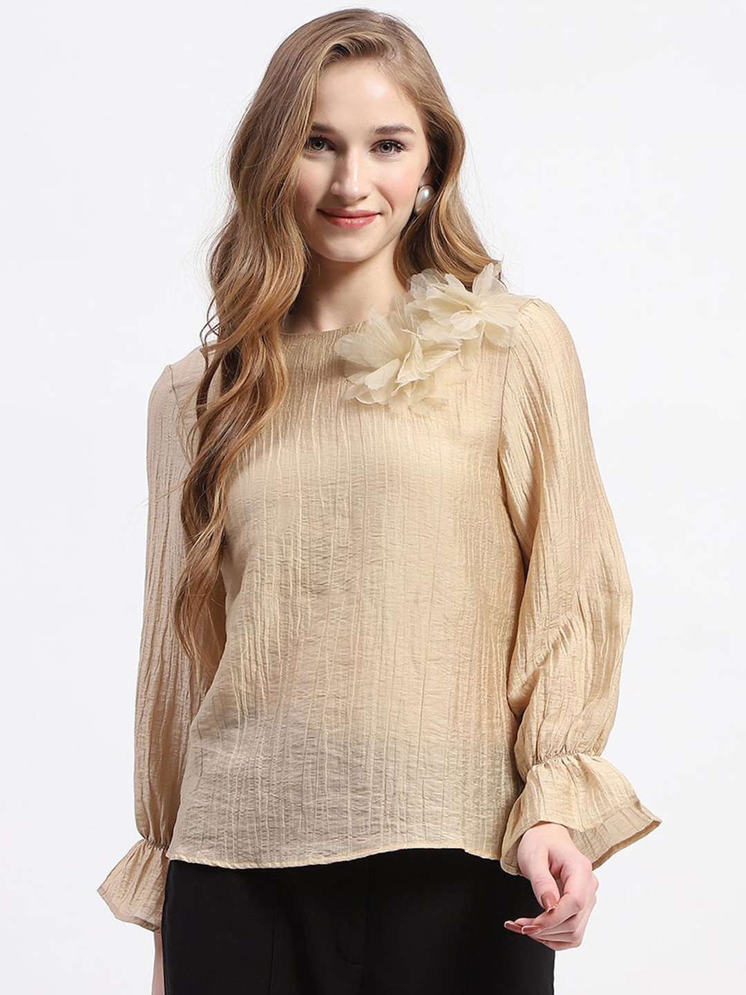 

Madame Women Solid Round Neck Top, Beige
