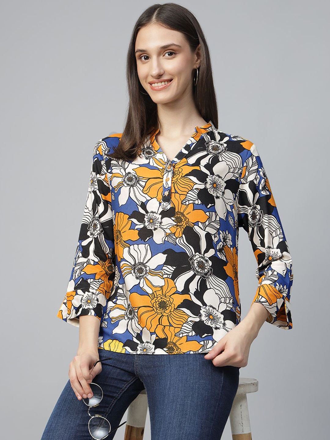 

Hancock Women Floral Printed Mandarin Collar Casual Top, Blue