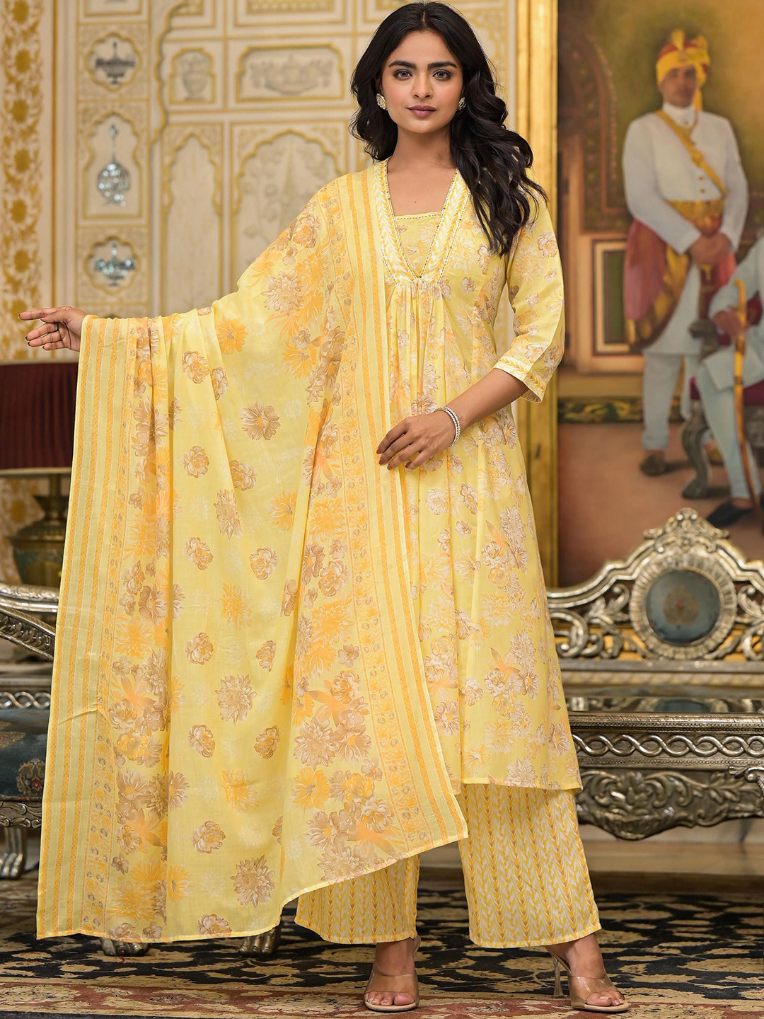 

Juniper Women Floral Printed Regular Sequinned Kurta with Palazzos & With Dupatta, Yellow