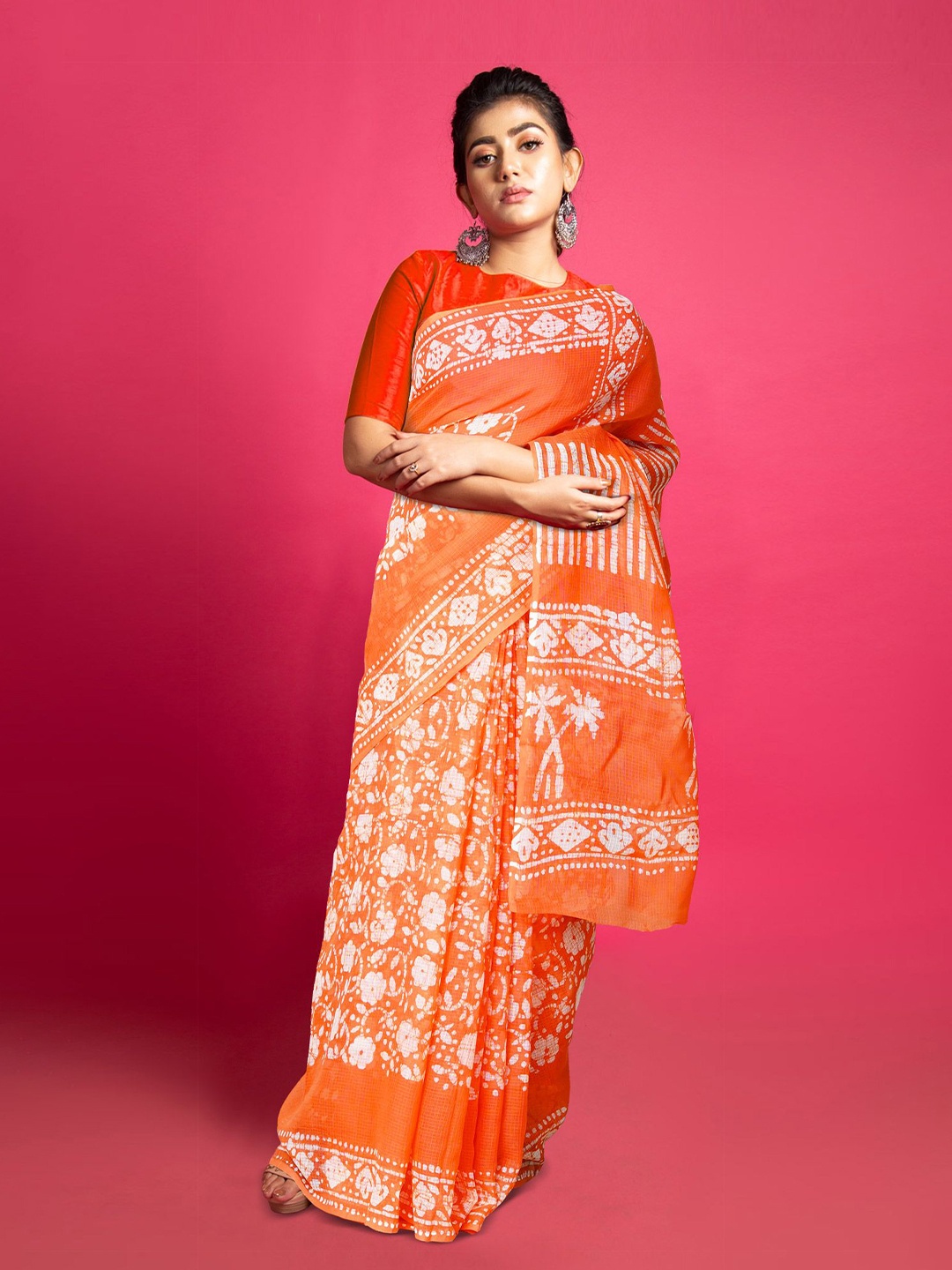 

Unnati Silks Ethnic Motifs Printed Pure Cotton Net Handloom Kota Saree, Peach