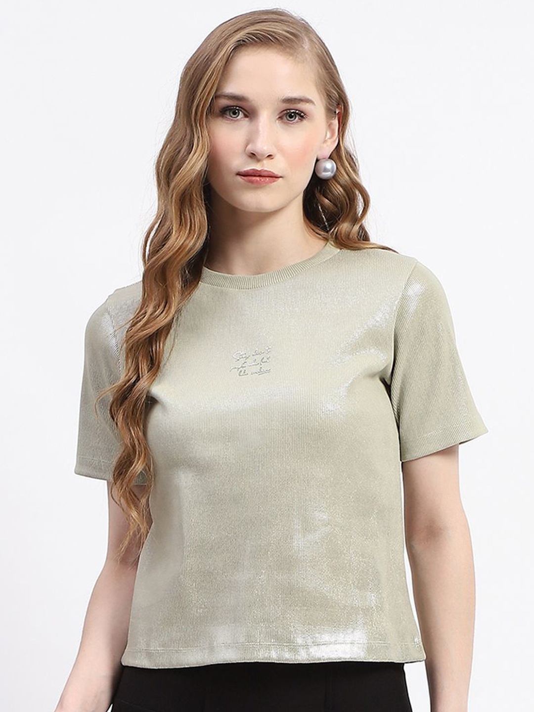 

Madame Women Solid Round Neck Cotton Top, Green