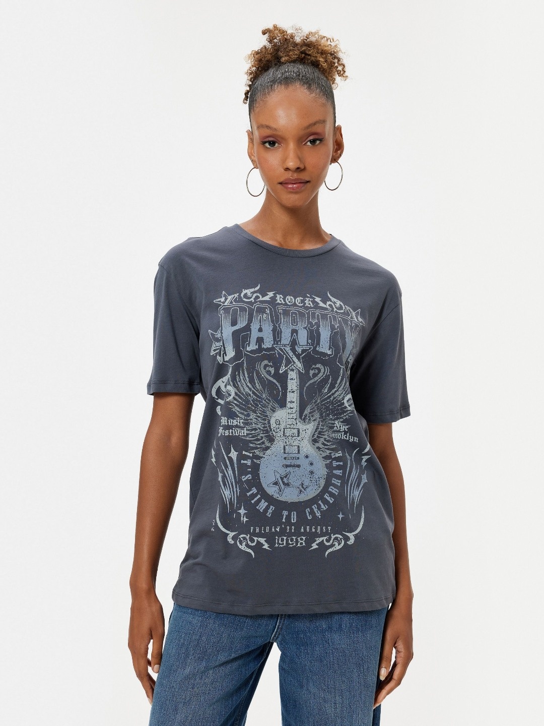 

Koton Women Graphic Printed Round Neck Cotton T-shirt, Blue