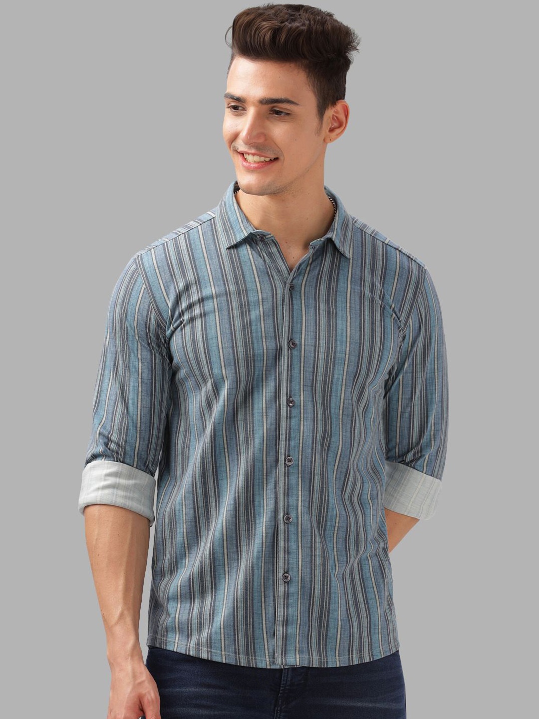 

BULLMER Men Striped Spread Collar Casual Shirt, Green