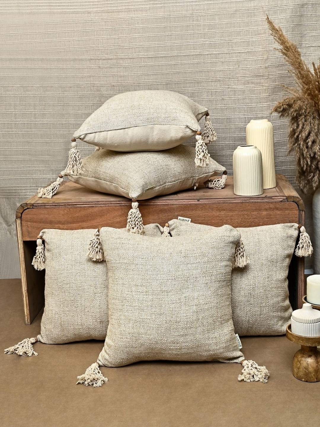 

ANWYN Beige 5 Pieces Cotton Square Cushion Covers