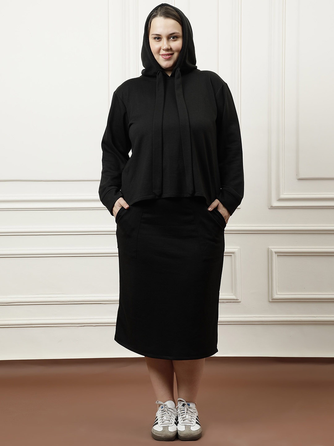 

Athena Ample Plus Size Hooded Pure Cotton Sweatshirt With Skirt, Black