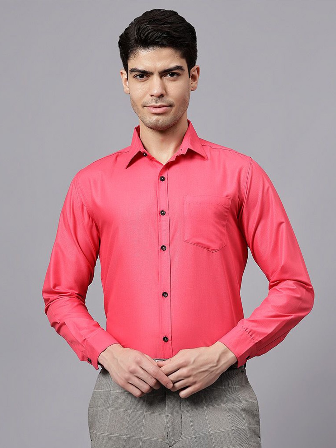 

TrendiVastra Men India Slim Spread Collar Solid Cotton Slim Fit Formal Shirt, Pink